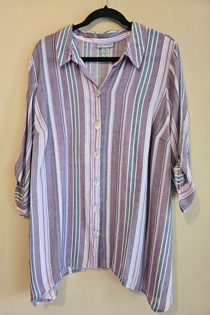 Catherines summer  Top 14-16W  Multicolor 3/4 Sleeve Rayon blend Wine stripe